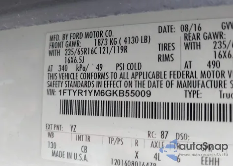 2016 Ford Transit-250 T-250 from USA, damaged, VIN 1FTYR1YM6GKB55009